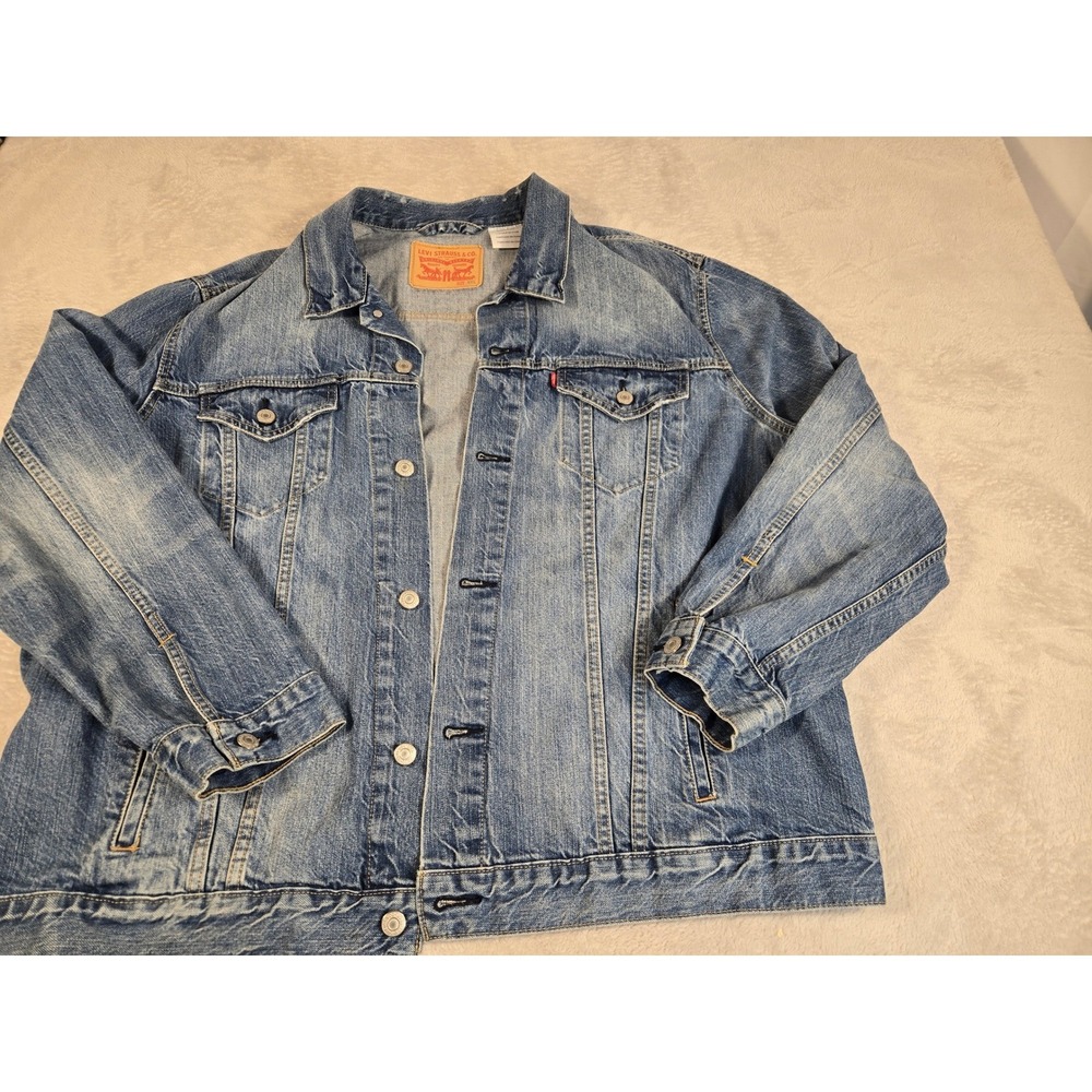 Levis Mens Denim Trucker Jacket XXL Blue Medium Wash Cotton Button Front Coat‎
